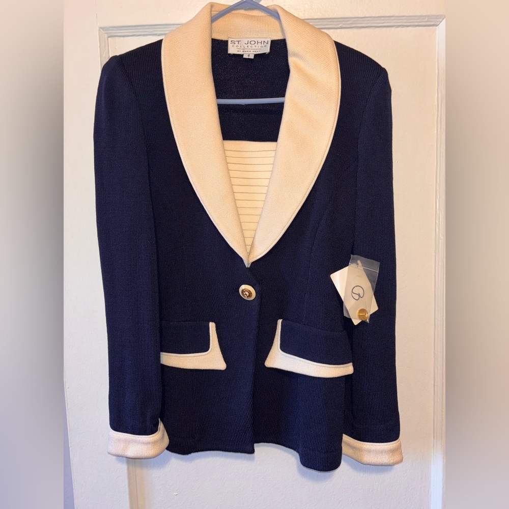 NWT Deadstock VTG St John Collection Blazer Womens 4 Santana Knit Blue White
